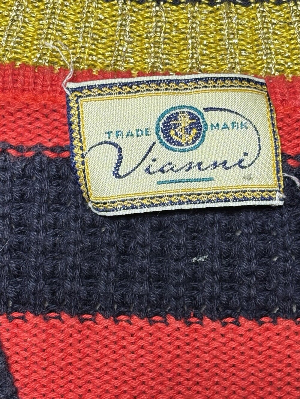 Vintage 1980s Vianni Red Navy Gold Nautical Striped V Neck Sweater Size 14 (42) - Picture 4 of 8